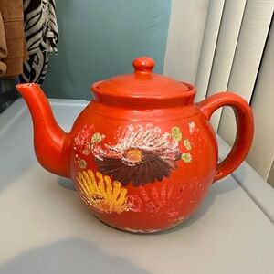 Vintage Ransburg Teapot RED with Hand-Painted Flowers - Stoneware Teapot